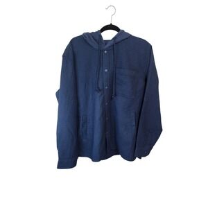 Original Use Mens Blue Waffle Knit Button Up Hooded Shirt Jacket‎ L